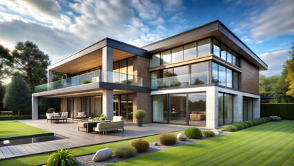 Luxury modern house with patio and green lawn