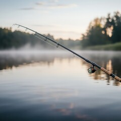 Serene Fishing Rod Casting in Calm Waters Surrounded by Lush Green Trees During a Calm Morning with Soft Mist Rising