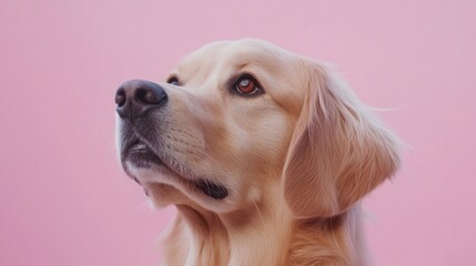 Cheerful golden retriever dog posing against a soft pink background, showcasing its friendly and playful nature.
