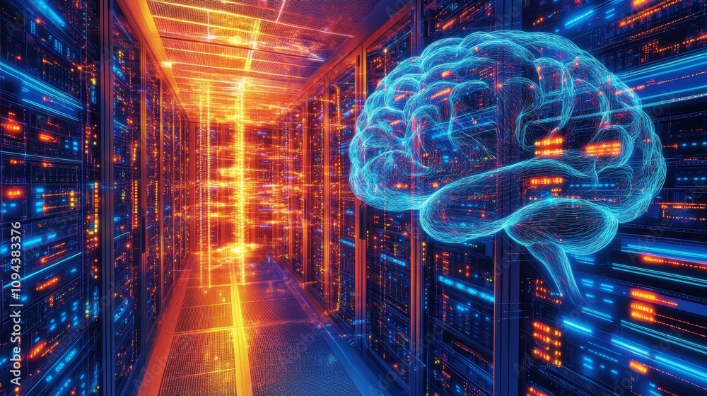 Poster revolutionizing data processing ai brain integration in server technology data center digital art cy