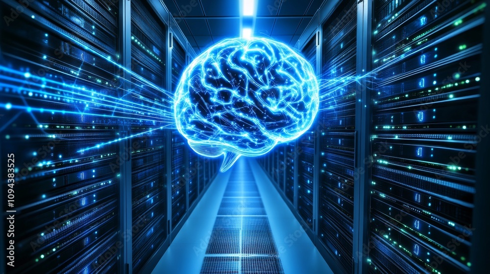 Poster exploring ai technology neural network visualization in data centers digital art high-tech environme
