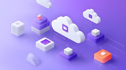 Obraz premium Data management concept featuring layered cloud symbols with icons for security, upload, and analytics.