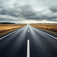 Serene Open Road Stretching into Dramatic Cloudy Sky, Perfect for Travel, Adventure, Freedom, and Landscape Themes in Photography and Design