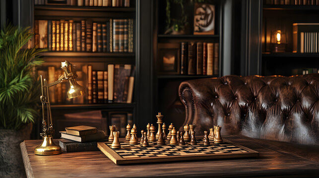 A chess puzzle setup in a cozy study with dim lighting and vintage wooden pieces.
