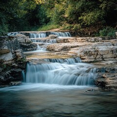 Obraz premium Serene Waterfall Cascading Over Rocky Terrain Surrounded by Lush Greenery in a Peaceful Natural Landscape