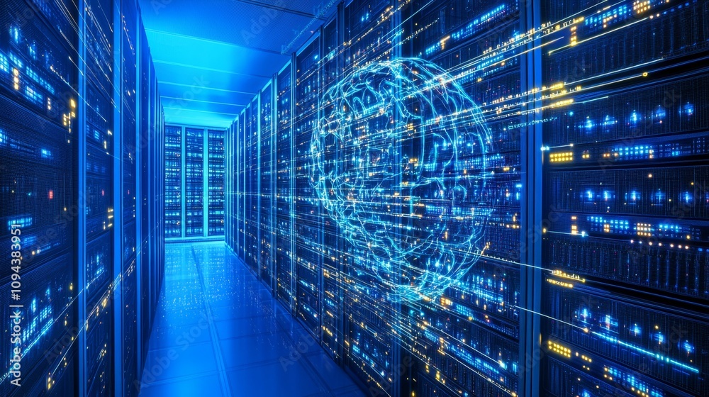 Poster ai data processing event data center digital visualization high-tech environment futuristic viewpoin