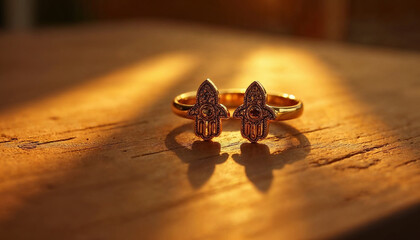 Elegant gold ring with hamsa design resting on a wooden surface illuminated by warm sunset light