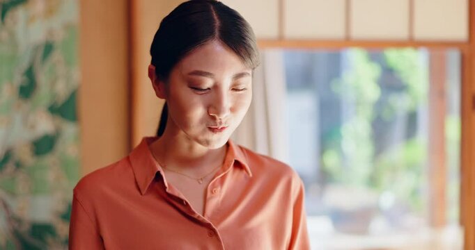 Woman, eating and happy with chopsticks in home for healthy lunch, nutrition or bowl for taste. Japanese person, food and dish for diet, wellness or hungry with rice, smile and snack at apartment