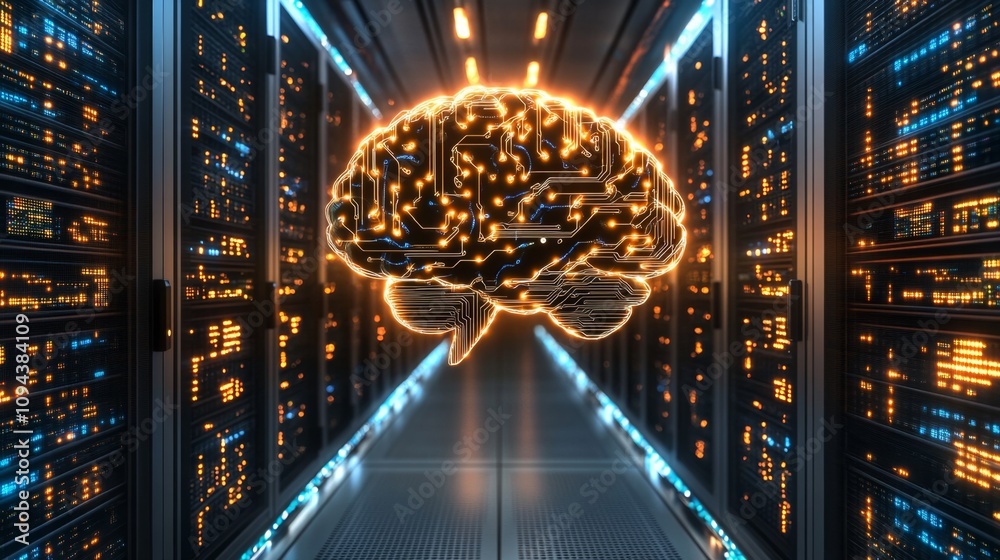 Poster exploring artificial intelligence innovations data center technology visualization high-tech environ