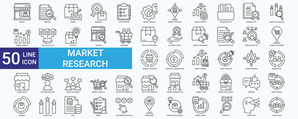 Market Research icon set with branding, data, analysis, consumer, product trend, segment, target and competitor