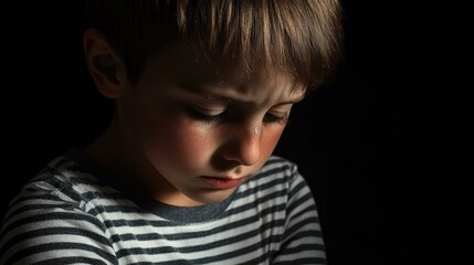 A child in shadow conveys sadness and tears, wearing a striped shirt, lost in thought. This emotional moment captures the childs feelings, with ample space for text.