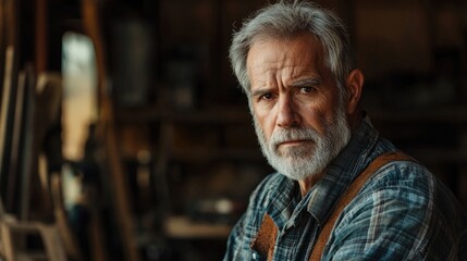 Portrait of a man displaying a serious expression in a workshop environment, immersed in his work, with ample photo space available for further design or text elements.