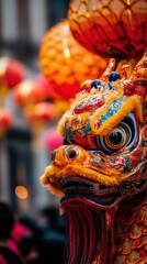 Obraz premium Close-up of a colorful Chinese dragon mask highlights details during a lively festival celebration