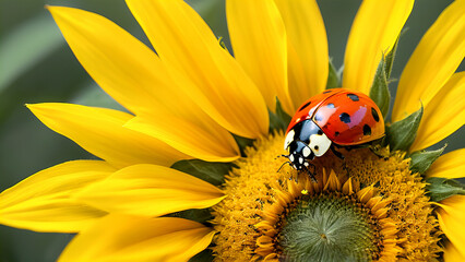 Fototapeta premium Ladybug and Sunflower - A stunning close-up of a vibrant ladybug perched on a bright yellow sunflower, capturing the beauty and harmony of nature. 1