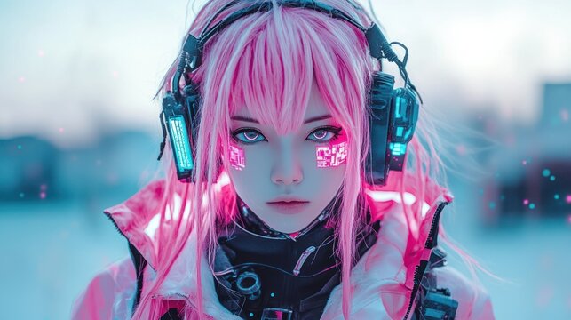 Anime style Girl face Cyborg cosplay in cyberpunk Synthwave technology background wallpaper AI generated image