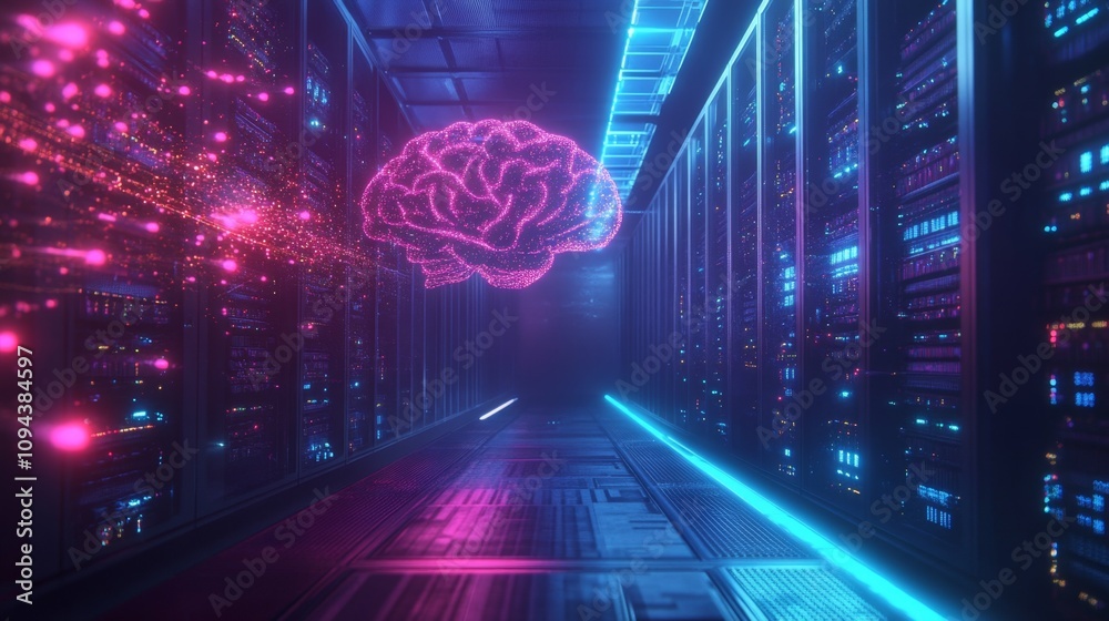 Poster exploring neural connections data center digital art futuristic environment high-tech view ai concep