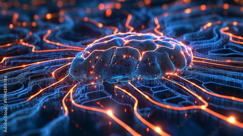 Poster exploring neural networks brain simulation digital landscape 3d visualization tech environment close