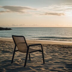 Tranquil Beach Scene with a Single Chair Overlooking the Calm Waters During Sunset, Ideal for Relaxation and Leisure Themed Imagery