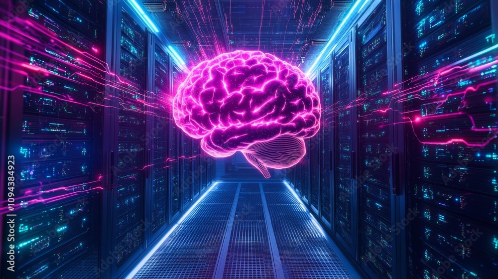 Poster exploring neural networks in data centers technology hub digital art futuristic environment dynamic 