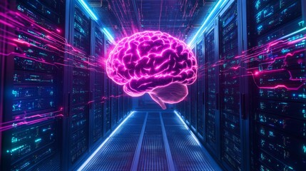 Exploring neural networks in data centers technology hub digital art futuristic environment dynamic viewpoint ai concept