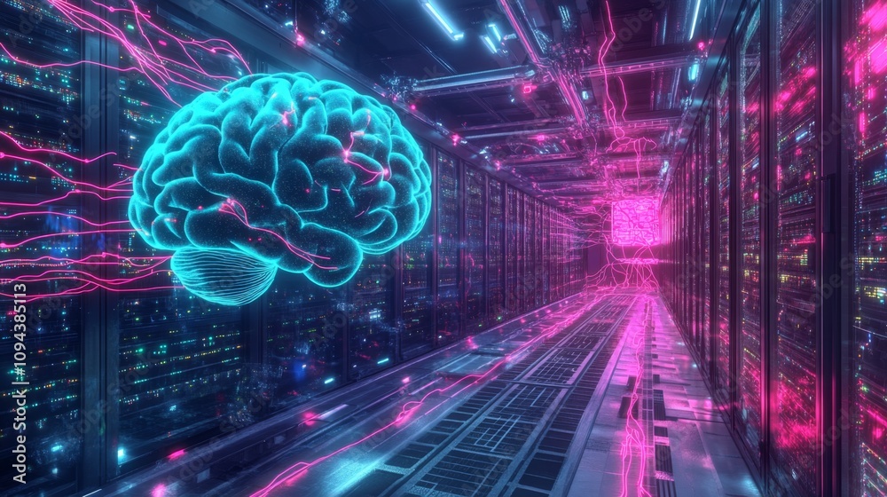 Poster neural network simulation high-tech data center digital art visualization futuristic environment abs