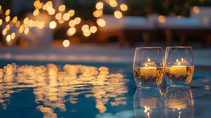 A chic New Years Eve poolside party with floating candles fairy lights and shimmering decorations.