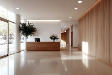 Modern office lobby interior with reception desk and wood paneling