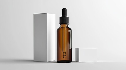 Elegant amber dropper bottle with white packaging, minimalistic design perfect for skincare or wellness products.