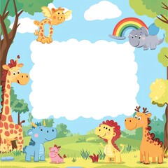 Playful cartoon animals birthday card frame with large blank center, cute forest creatures, rainbow colors, cheerful design
