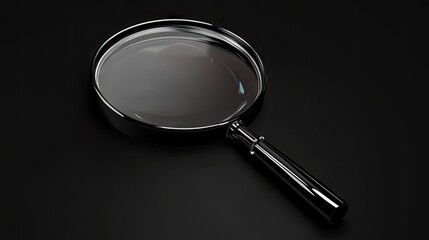 A sleek, black magnifying glass resting on a dark surface, reflecting light elegantly.