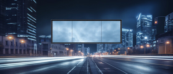 A blank advertisement billboard with light trails moving downwards, set against a night backdrop.  