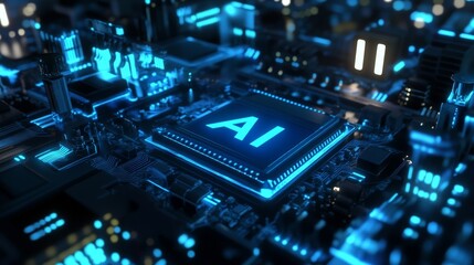 Futuristic ai circuit board with glowing technology elements and microchips.