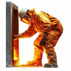 Fototapeta premium Fire-resistant worker inspecting fiery furnace opening.