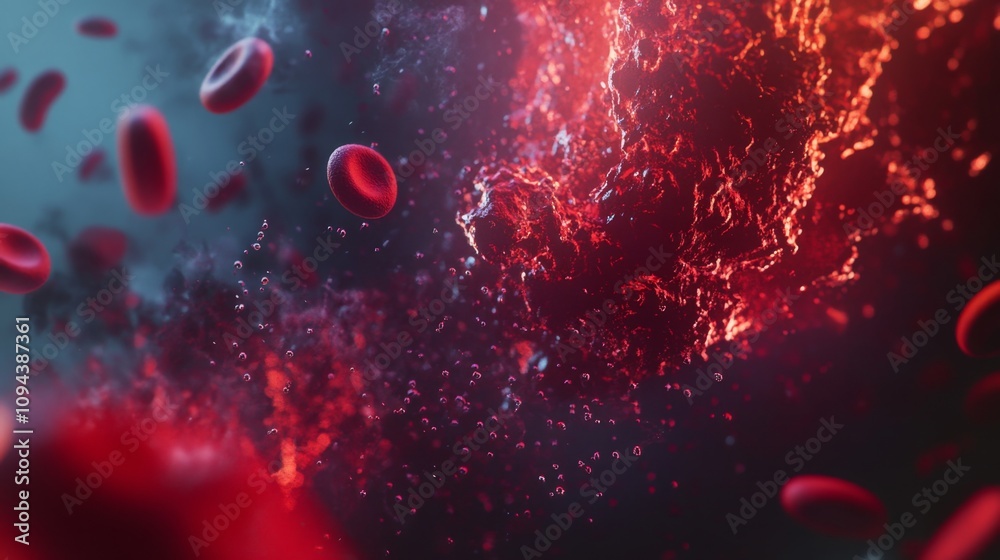 Poster dynamic display of red blood cells in motion scientific visualization abstract environment close-up 
