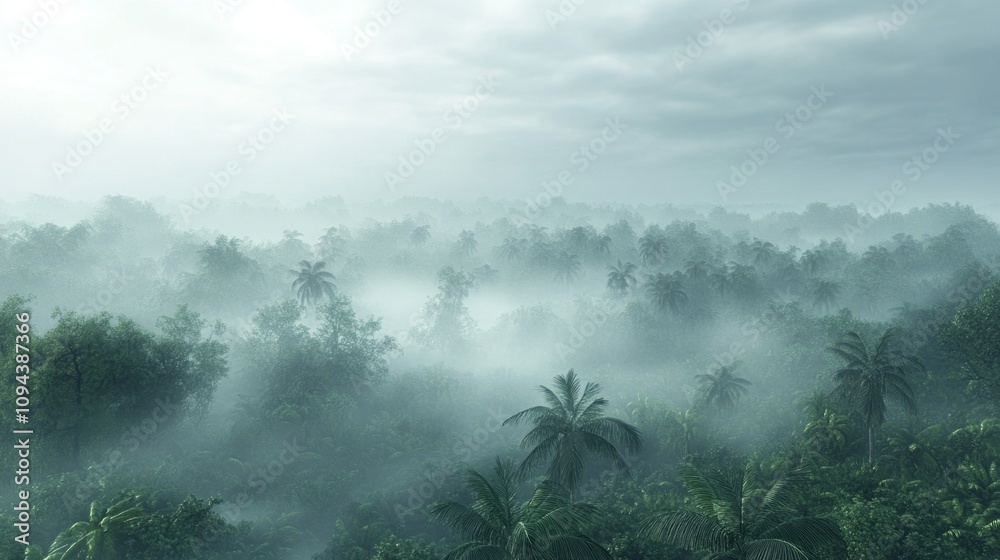 Poster a misty forest with trees and a cloudy sky