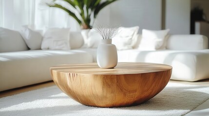 Wooden Coffee Table with White Vase and Dried Branches in a Minimalist Living Room