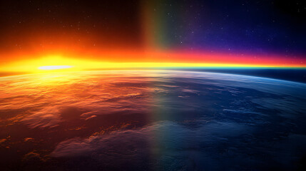 A colorful aurora seen from a space station orbiting Earth with the planet below.