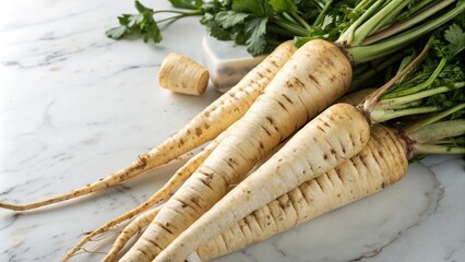 Fresh parsnip roots piled high on a white marble surface, white background, vegetables, produce, parsnip, crisp