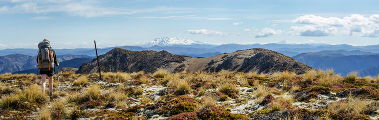 young woman trekking in alpine area with mountain backdrop