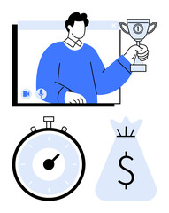 Video call participant holding a trophy. Below are a timer and a money bag. Ideal for success achievements, online meetings, awards, time management, financial goals, productivity. Line metaphor