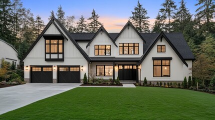 A stunning modern residence featuring stone details, a spacious garage, and manicured green grass, all illuminated in evening light