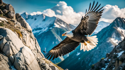 Photograph an eagle soaring high above a rugged mountain range