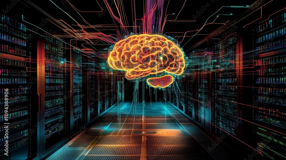 Poster artificial intelligence revolution exploring the digital brain data center visual representation tec