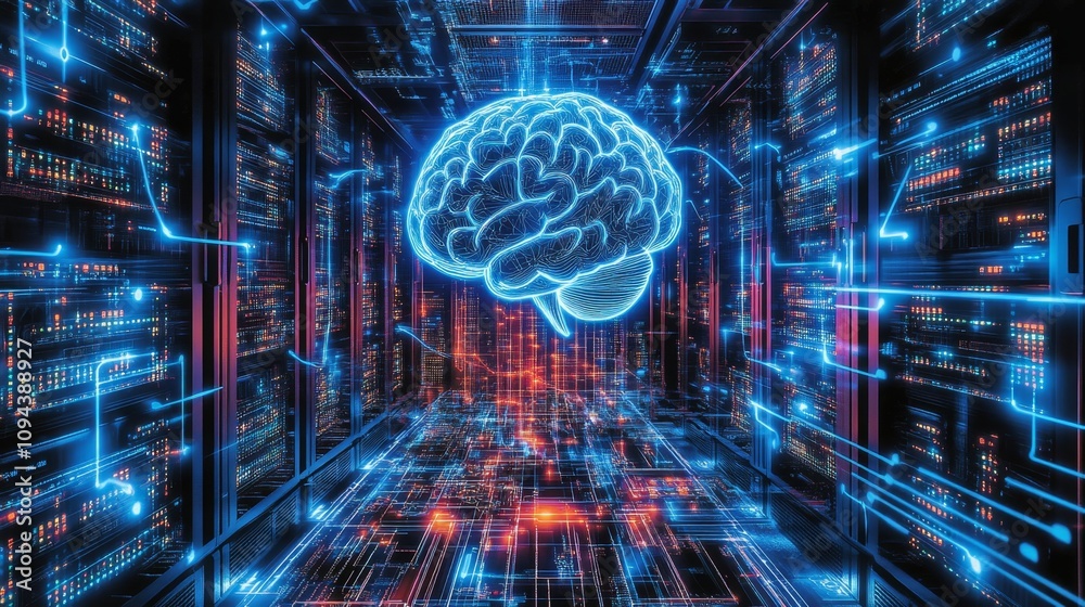 Poster innovative technology integration artificial intelligence brain visuals in data centers digital envi