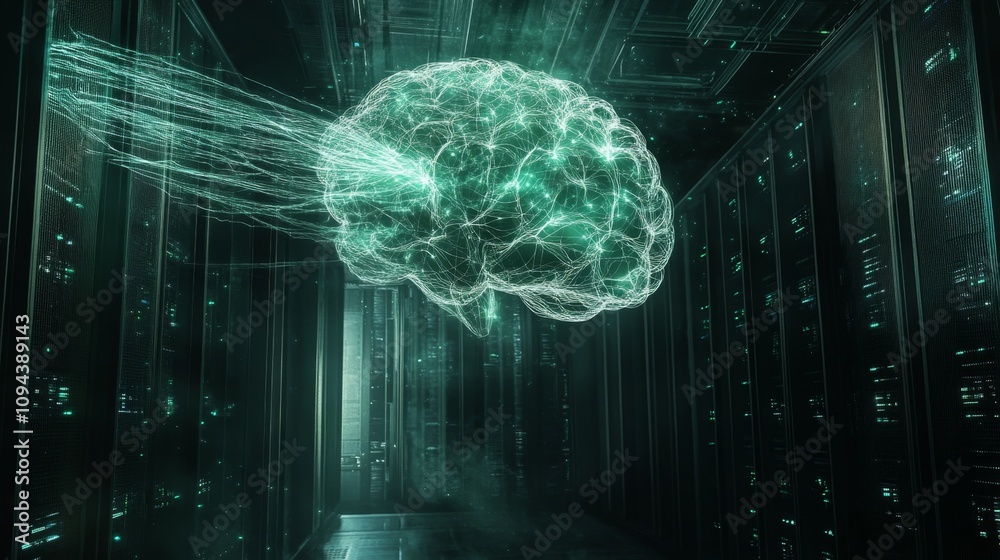 Poster technological breakthrough ai brain simulation data center digital art futuristic environment close-