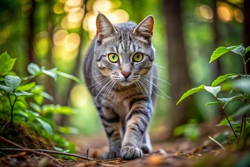 A sleek gray tabby cat with sharp eyes, stalking its prey in a dense forest