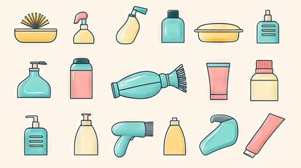 Obraz premium Colorful collection of cleaning and personal care products on a soft background, featuring various bottles and containers.