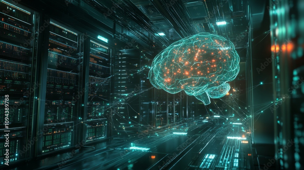 Poster exploring neural networks advanced technology simulation in a data center environment futuristic per