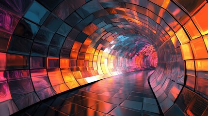 A vibrant abstract tunnel with reflective tiles in shades of orange, red, and blue, creating a dynamic, futuristic atmosphere.