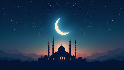 Mosque Silhouette at Night with Crescent Moon. Ramadan Kareem Concept.